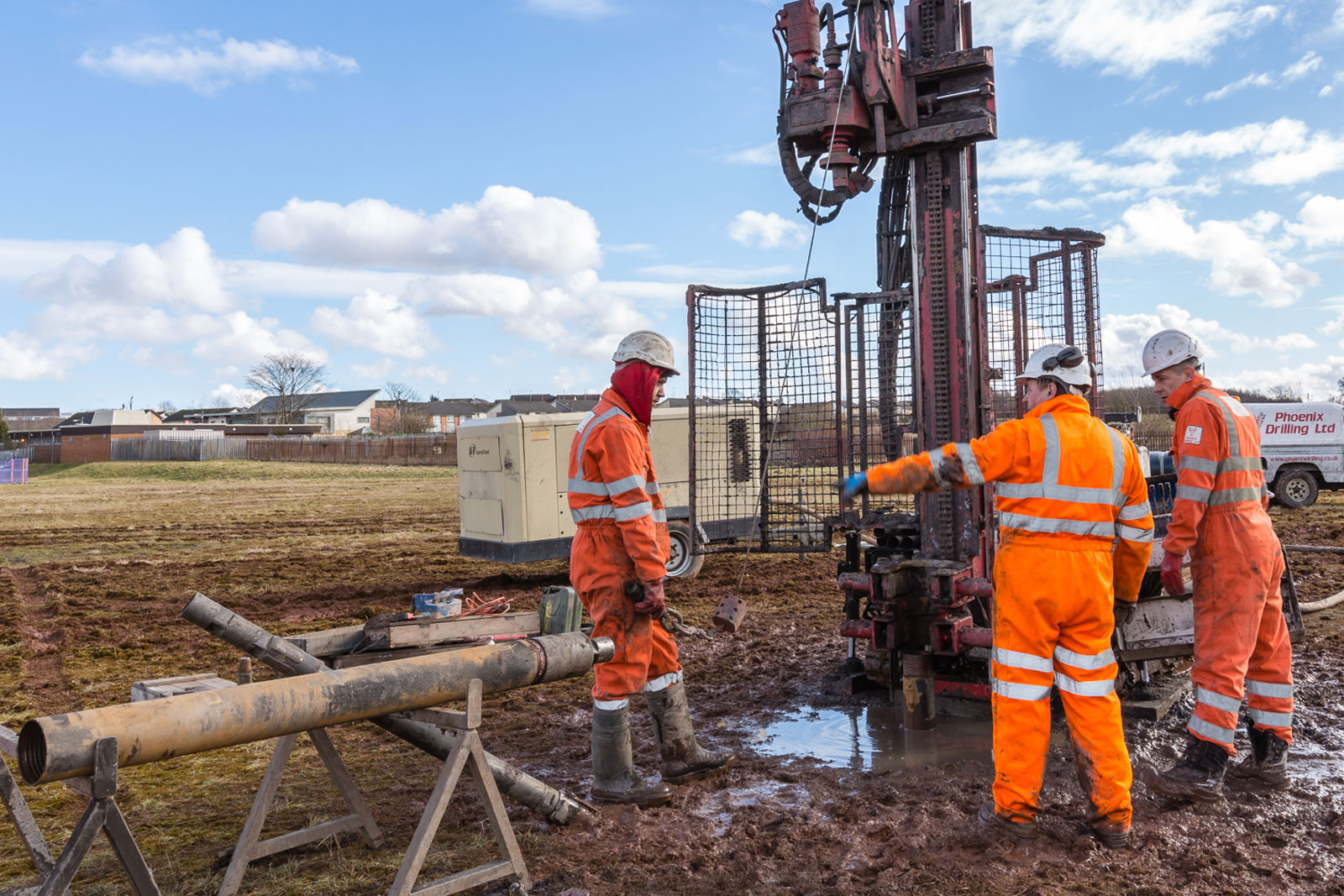 Borehole drilling East London with drilling rig on site